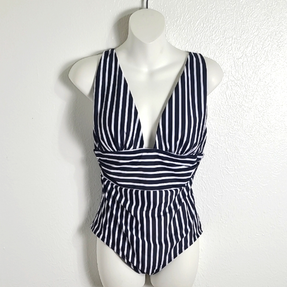 Navy Blue & White Stripe One Piece Swimsuit with Ruching, Size XL, NWOT - Picture 2 of 8